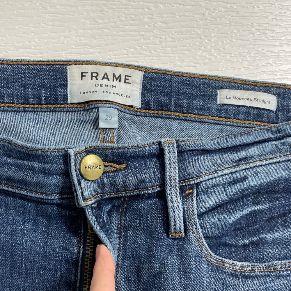 FRAME Le Nouveau Straight Jeans Women Size29 Blue Wash High Rise Split Raw Hem - Picture 6 of 12